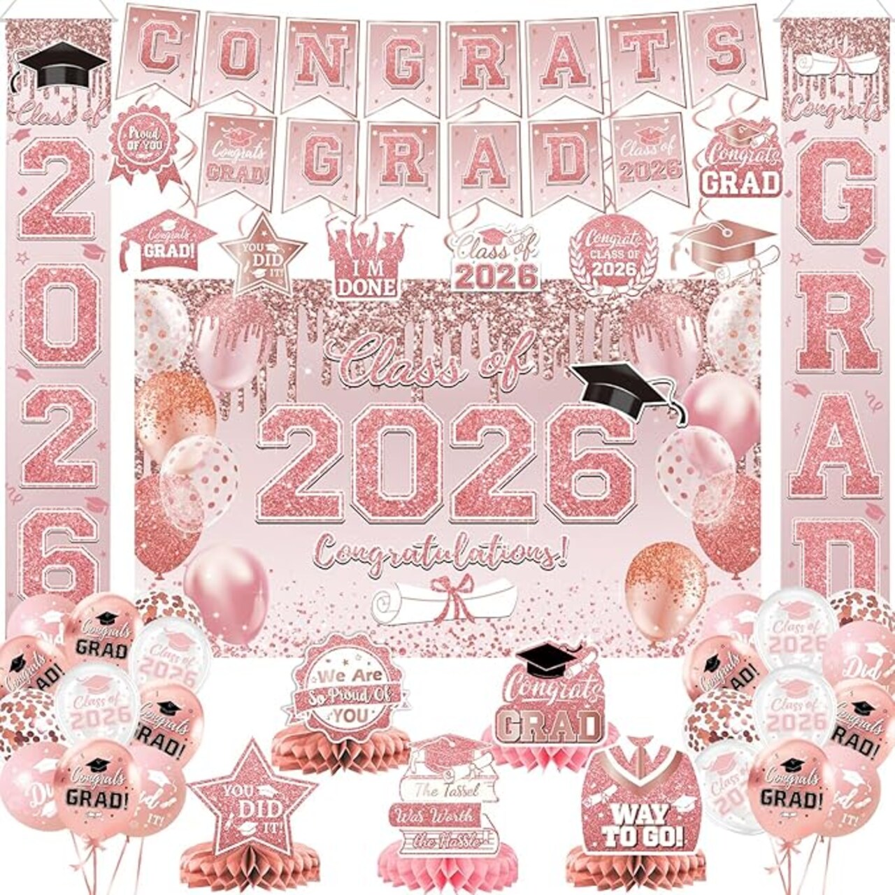 Class of 2026 Graduation Decorations - 40-Piece Pink & Rose Gold Party Kit: Fabric Backdrop, Porch Signs, Guest Book, Honeycomb Centerpieces & Balloons - High School & College Supplies